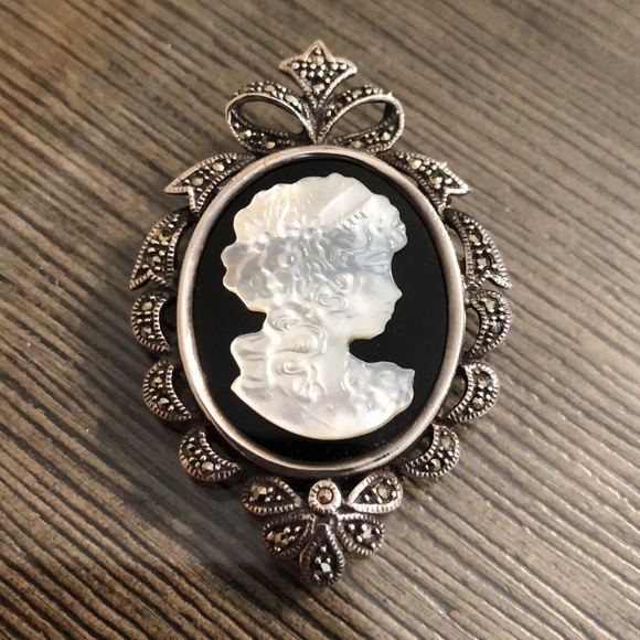 Vintage Sterling Silver, Marcasite, Onyx, & Mother of Pearl Cameo - Picture 13 of 16